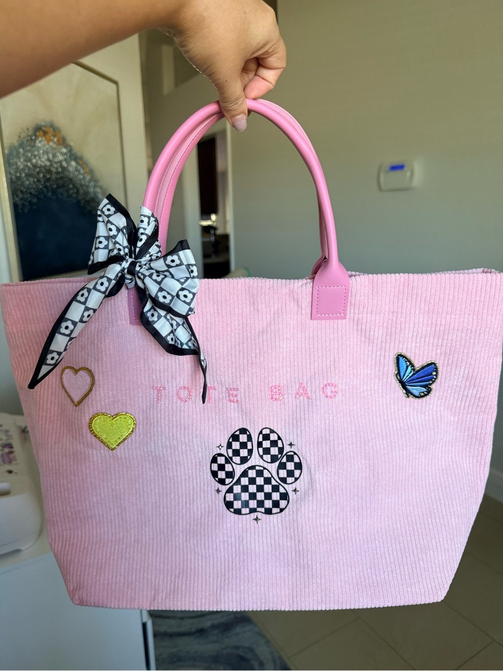 Pink Patch-Detail Tote Bag with Bow Accent